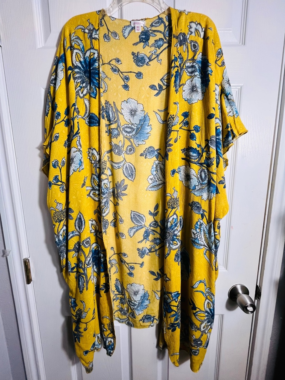 No Boundaries Yellow Floral Kimono Cardigan with Blue & White Blooms M/L